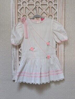 Roanna dress girls size 5 puff sleeves pink roses ribbon lace vintage 80s 90s